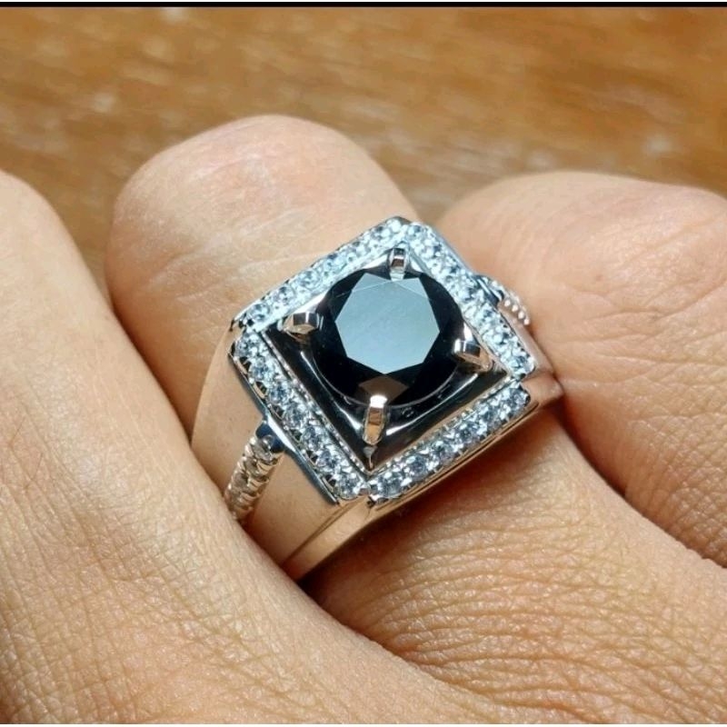 Cincin Pria Batu Black Moissanite Like Berlian Hitam Permata Mulia