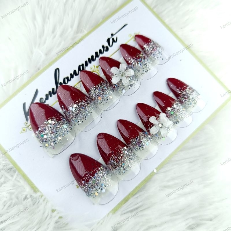grosir kuku palsu wedding distributor nail art MUA henna agen press on nail bunga 3d warna maron bir