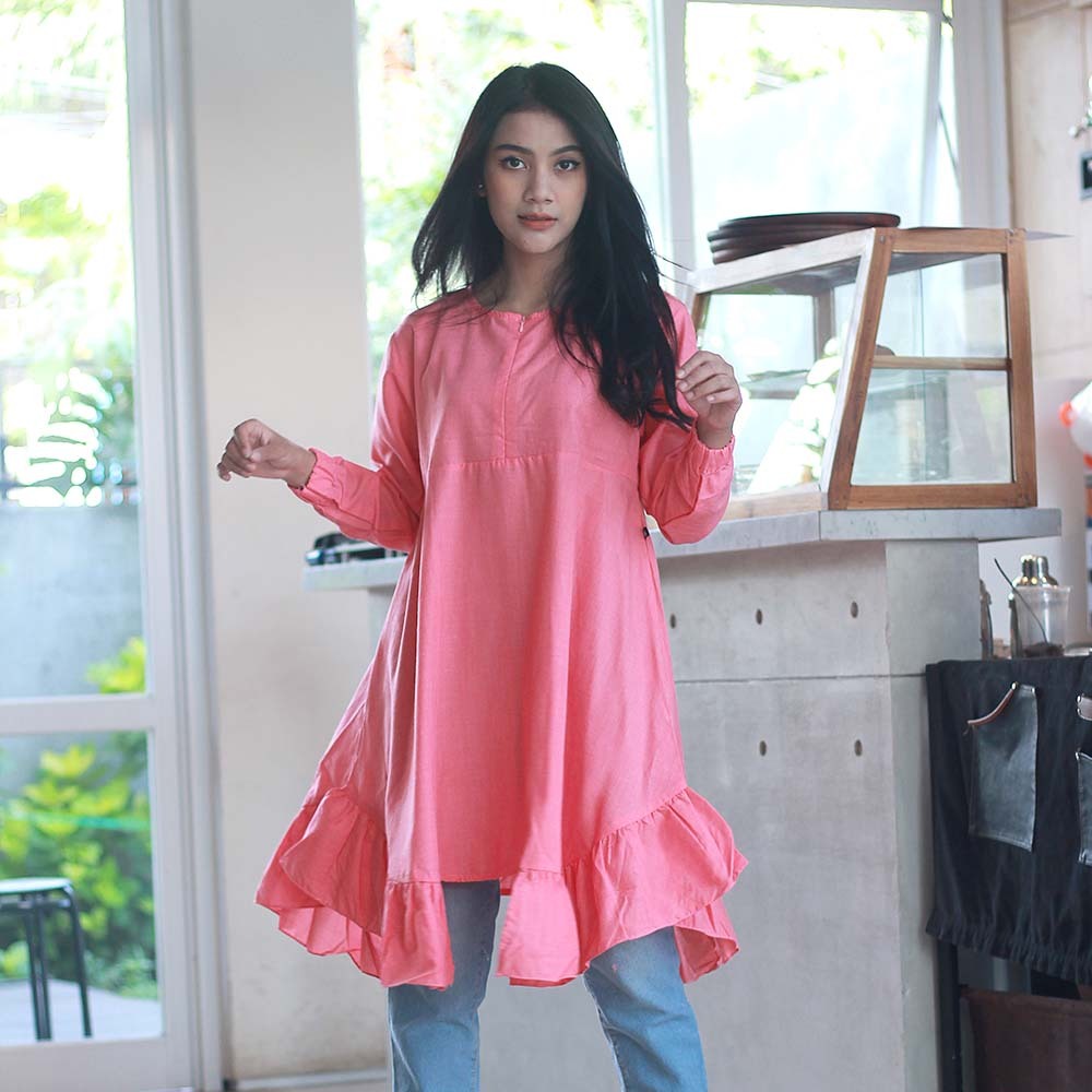 Atasan Wanita Dress Blouse Tunik Katun Korean Style Pink