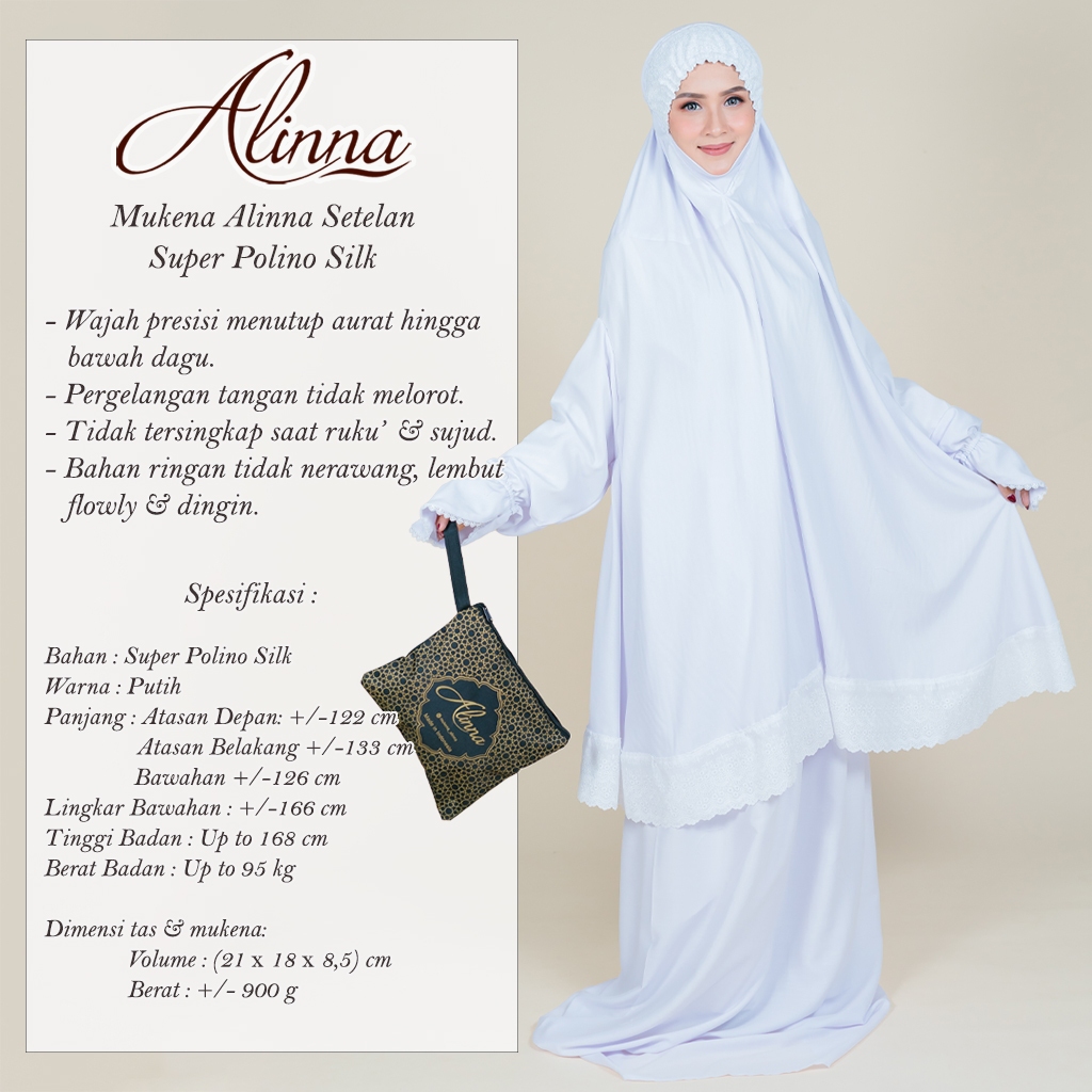 Mukena Alinna Setelan Potong Atas Bawah Berlengan Tangan Super Polino Silk Renda Umrah Haji Ihram