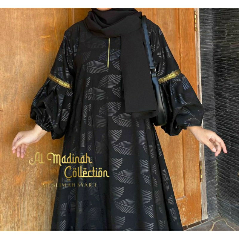 Abaya Shiva/Abaya Embos Lengan Balon Temboro Wolfis Hitam Full Motif Gamis Muslim Wanita