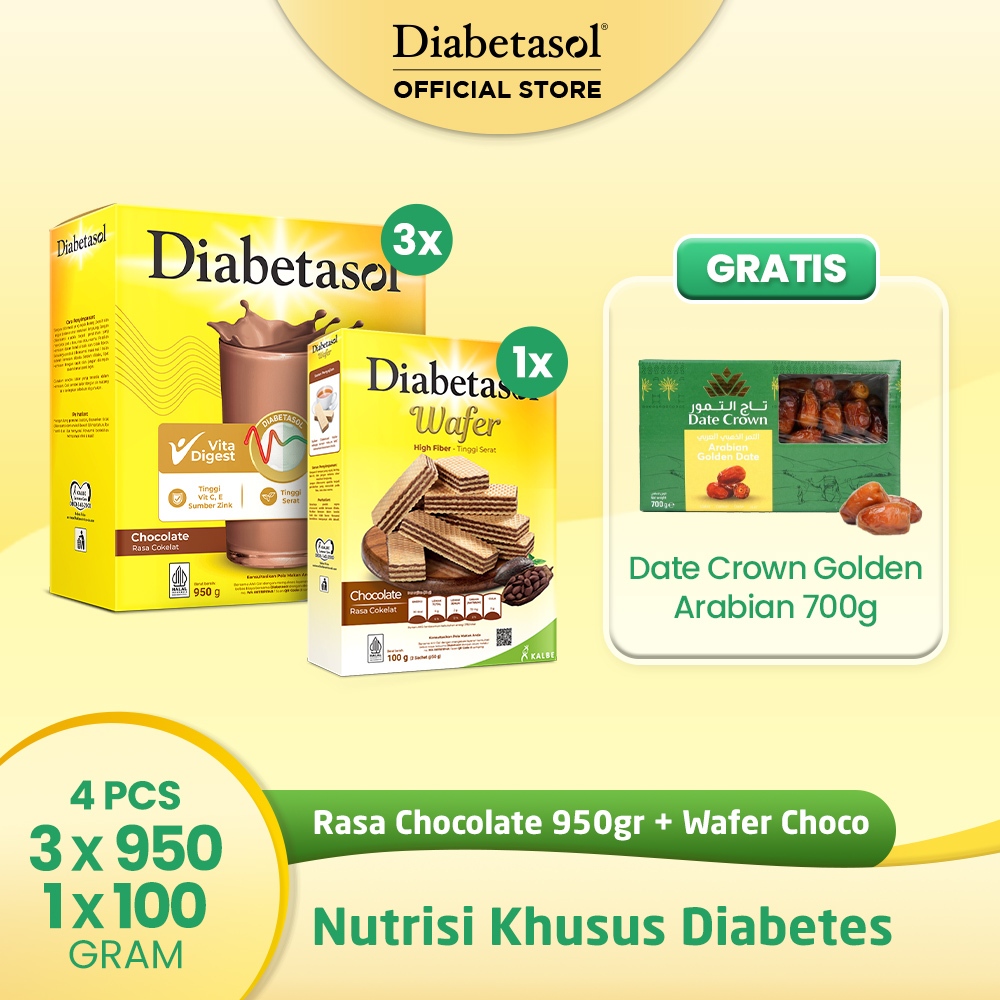 

Buy 3 Diabetasol Jumbo Chocolate 950g & Diabetasol Wafer Chocolate 2x50g Free Date Crown Golden Arabian 700g