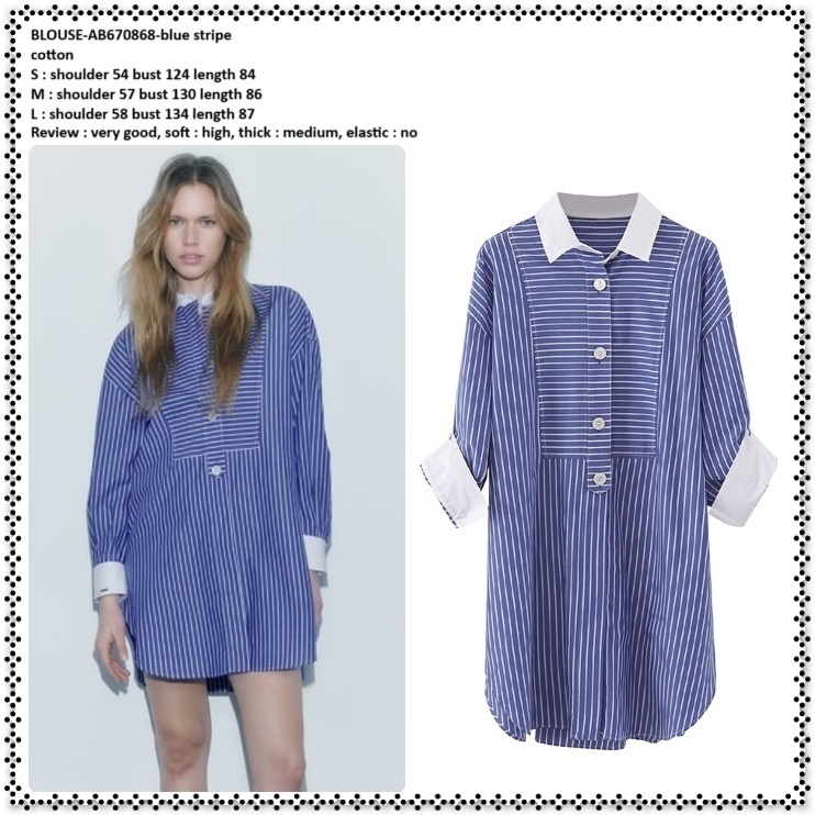 AB670868 Baju Atasan Kemeja Garis Biru Putih Lengan Panjang Wanita Korea Import Tunik Blue White