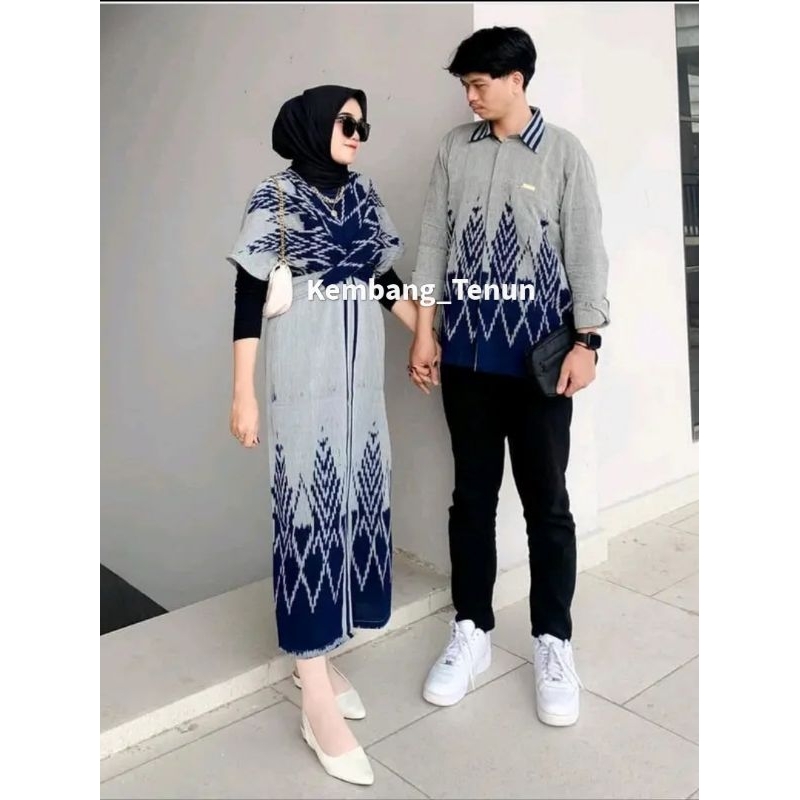 Set Couple Clara Dres Abu Navy baju tenun pasangan pria wanita kondangan prewedding guru kartinian b