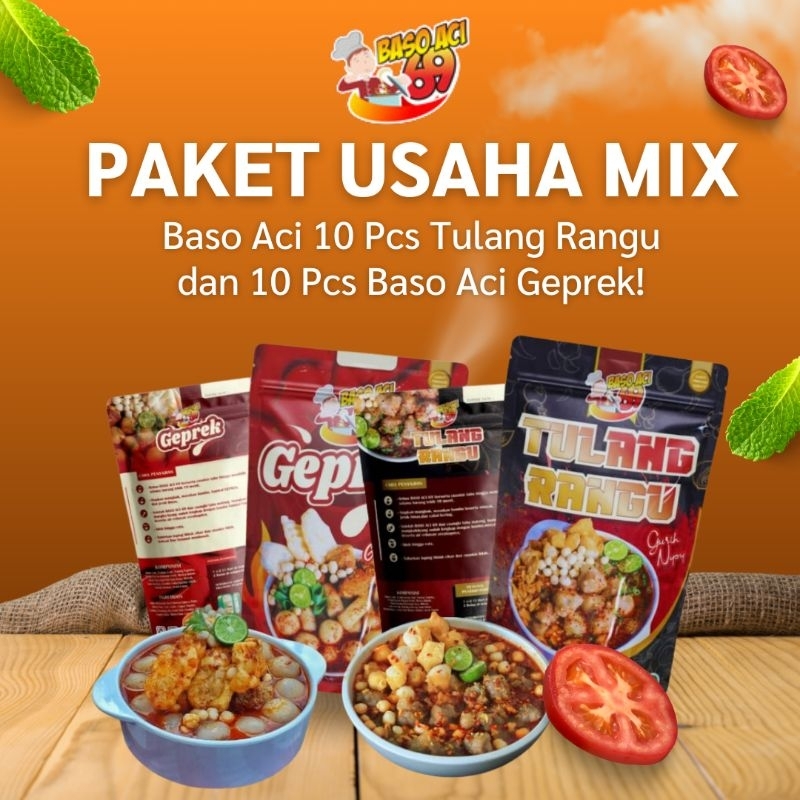 

Bakso Aci 69 Paket Usaha Makan Mix , Bakso Aci 4kg Variant Geprek 10 pcs, Tulang Rangu 10pcs