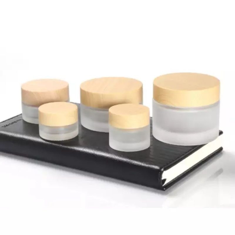 Jar kaca pot cream 15gr, 30gr, 50gr tutup motif kayu kaca frosted import