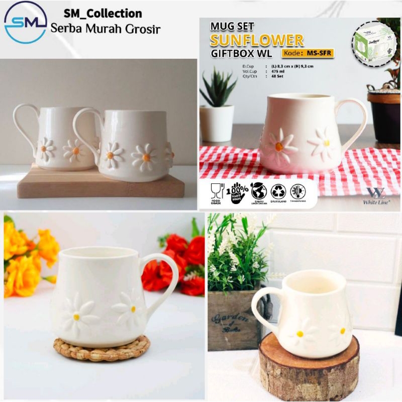 Mug Mawar/Mug keramik/Mug Bunga/Mug Whiteline Sunflower