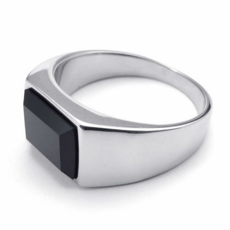 Cincin Onyx Mata Batu Hitam Persegi Panjang / Cincin Pria Titanium Silver Bentuk Persegi Panjang Ker