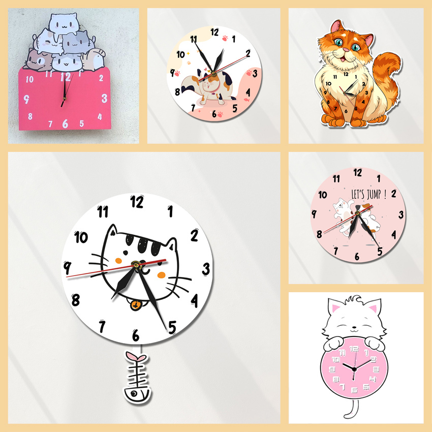 Jam Dinding Kucing Wall decor cat Jam Karakter hewan kartun Kitten Kitty
