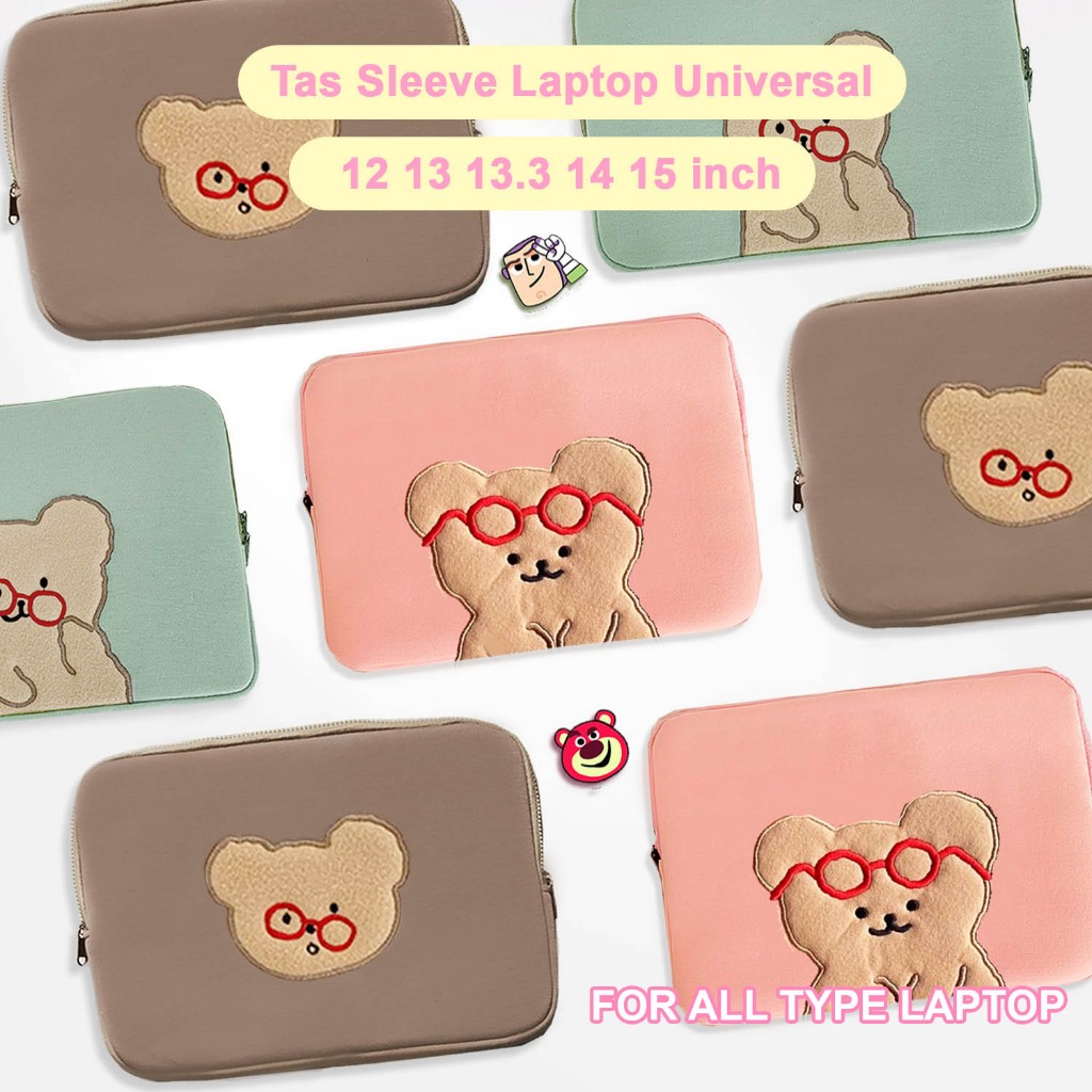 Tas Laptop Premium Jumbo Bordir Karakter Glasses Bear 15 15.6 14 13 13.3 inch Sleeve Pouch Sarung As