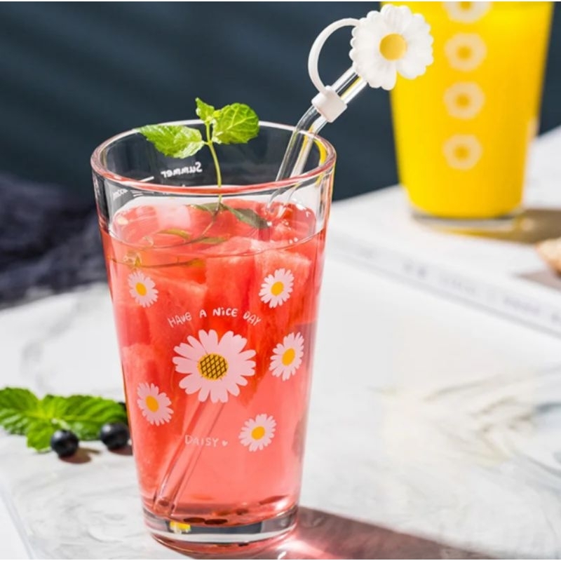 Gelas Tumbler Aesthetic Daisy Free sedotan / Gelas Kaca Aesthetic / Gelas Minum Kaca / Tumbler Kaca