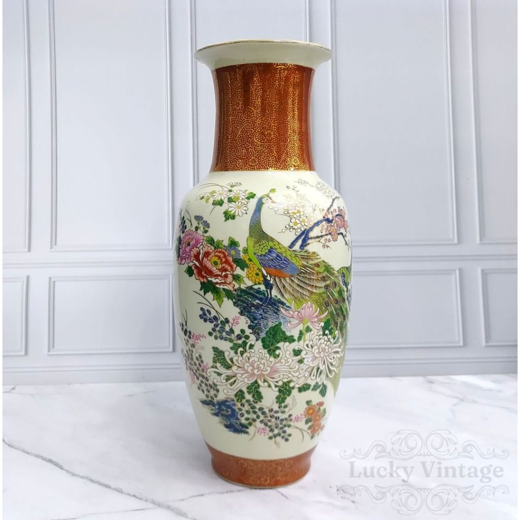 Vintage Antik Vas Bunga 1979 Satsuma Japanese Peacock Oriental Floral Made In Japan