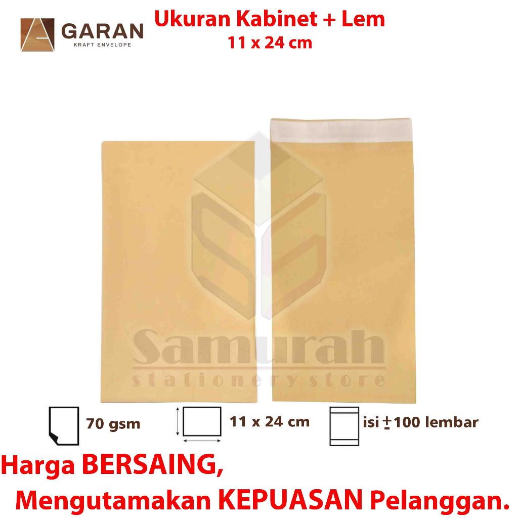 

HJK Amplop Kertas Coklat GARAN Ukuran Kabinet Lem 11 x 24 cm / Amplop Gaji 70 Gsm - Gram Cabinet +