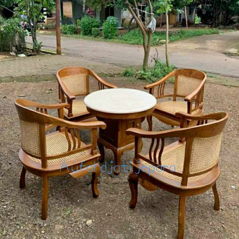kursi tamu rotan jati bangku teras rotan meja marmer kuno lawas antik