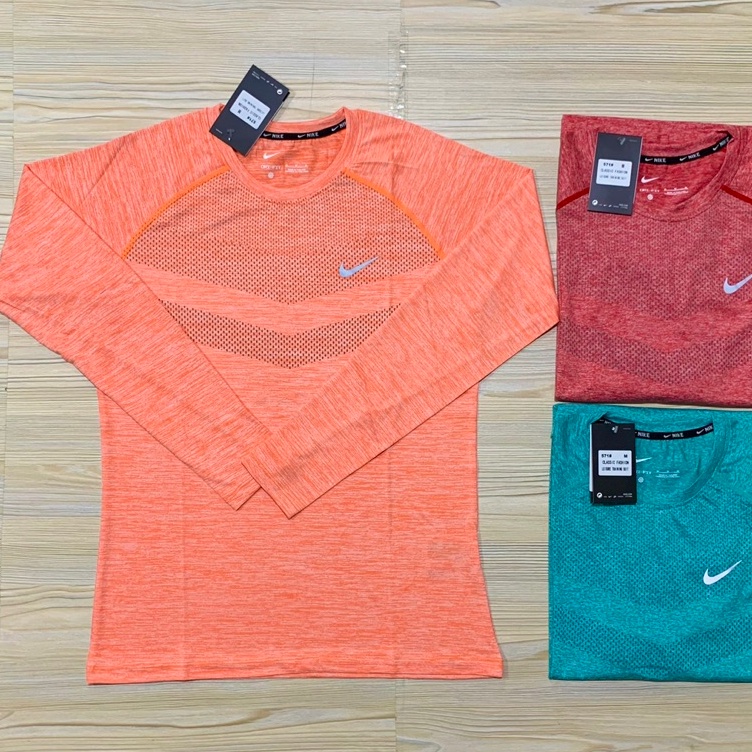 TSHIRT NIKE KAOS IMPORT LENGAN PANJANG DRI FIT PREMIUM OLAHRAGA RUNNING ORANGE MERAH BATA MINT TOSCA