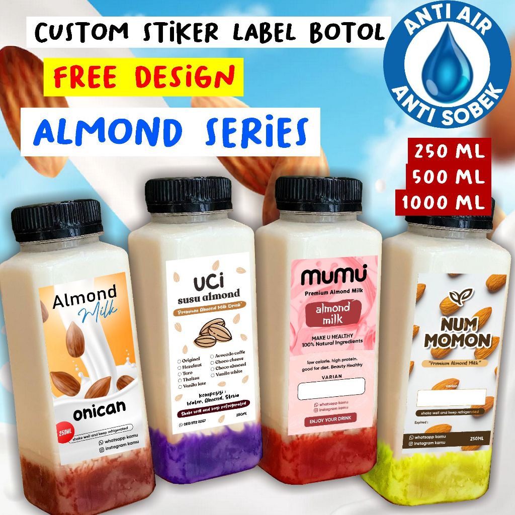 

Stiker Label Susu Almond Milk Stiker Botol Minuman 250ml, 500ml, 1000ml, Print kacang hijau kedelai