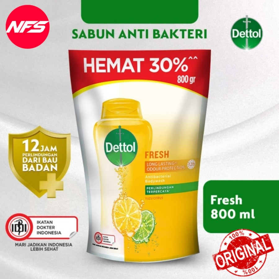 Dettol Fresh Body Wash Sabun Mandi Cair Anti Bakteri Fresh / Cool Pouch jumbo 800ml