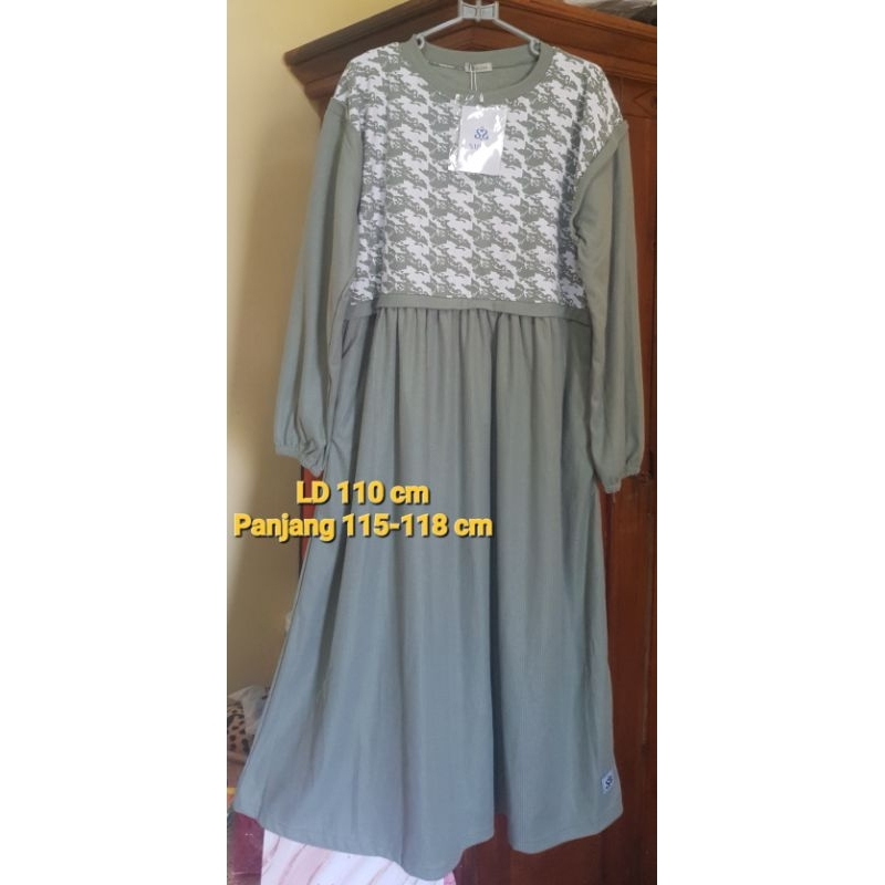[New] Sijiso midi knit dress hijau SAGE kantong Kanan dan Kiri (bonus jilbab Meyka)