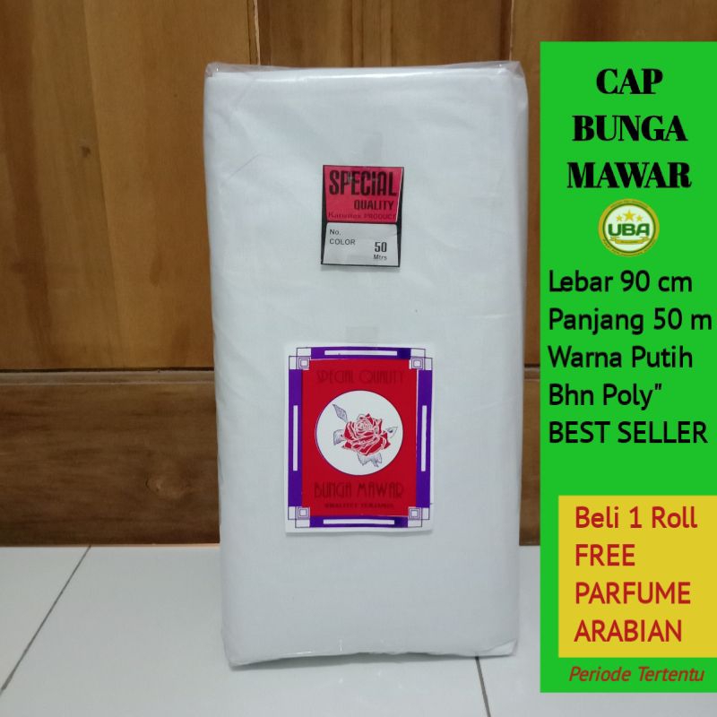 Kain Kafan Kain Mori 1 Roll Lebar 90cm x Panjang 50m Cap Bunga Mawar Terbaik