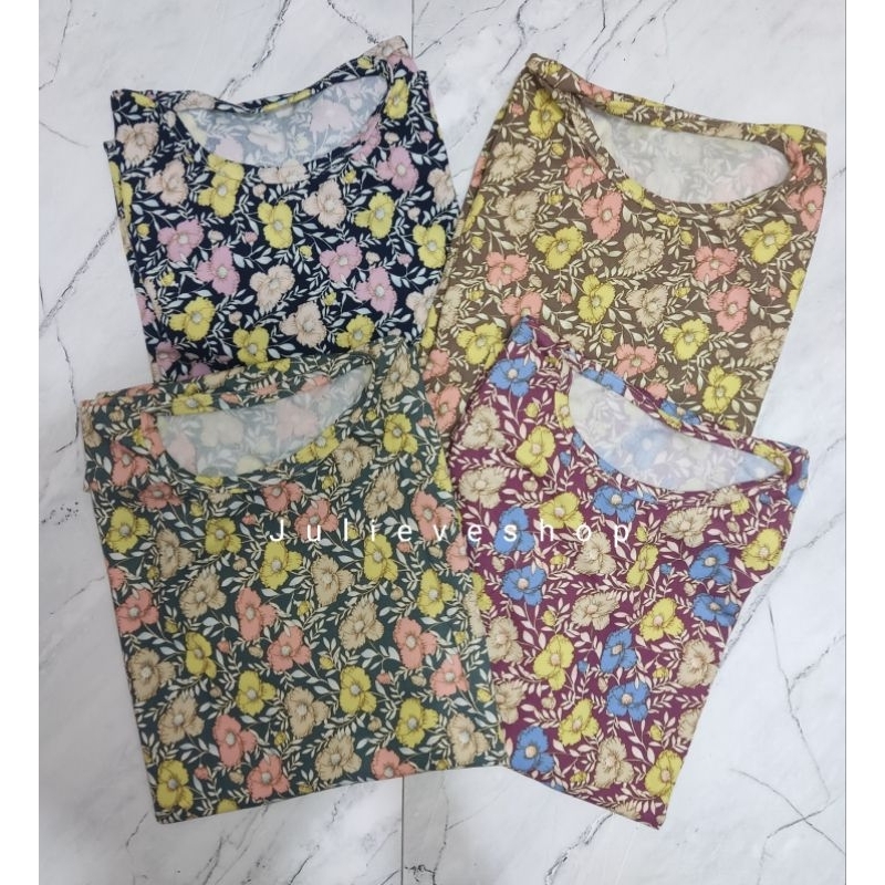 Baju Kaos Jumbo Bahan Jersey Motif Bunga Korea Lengan Pendek Wanita