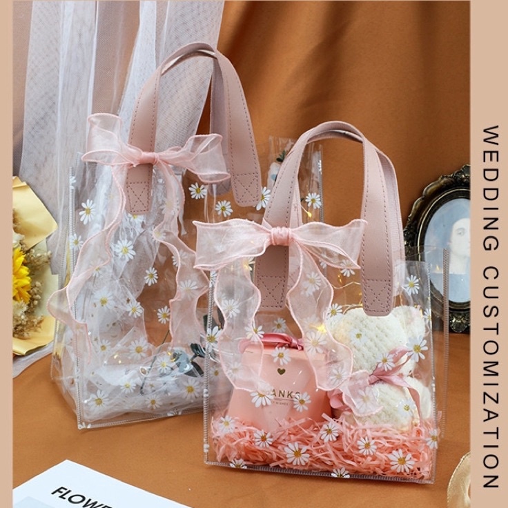 

Seller Goodie Bag Handle Leather Mika PVC Transparan Premium pink bunga Premium Handle Leather