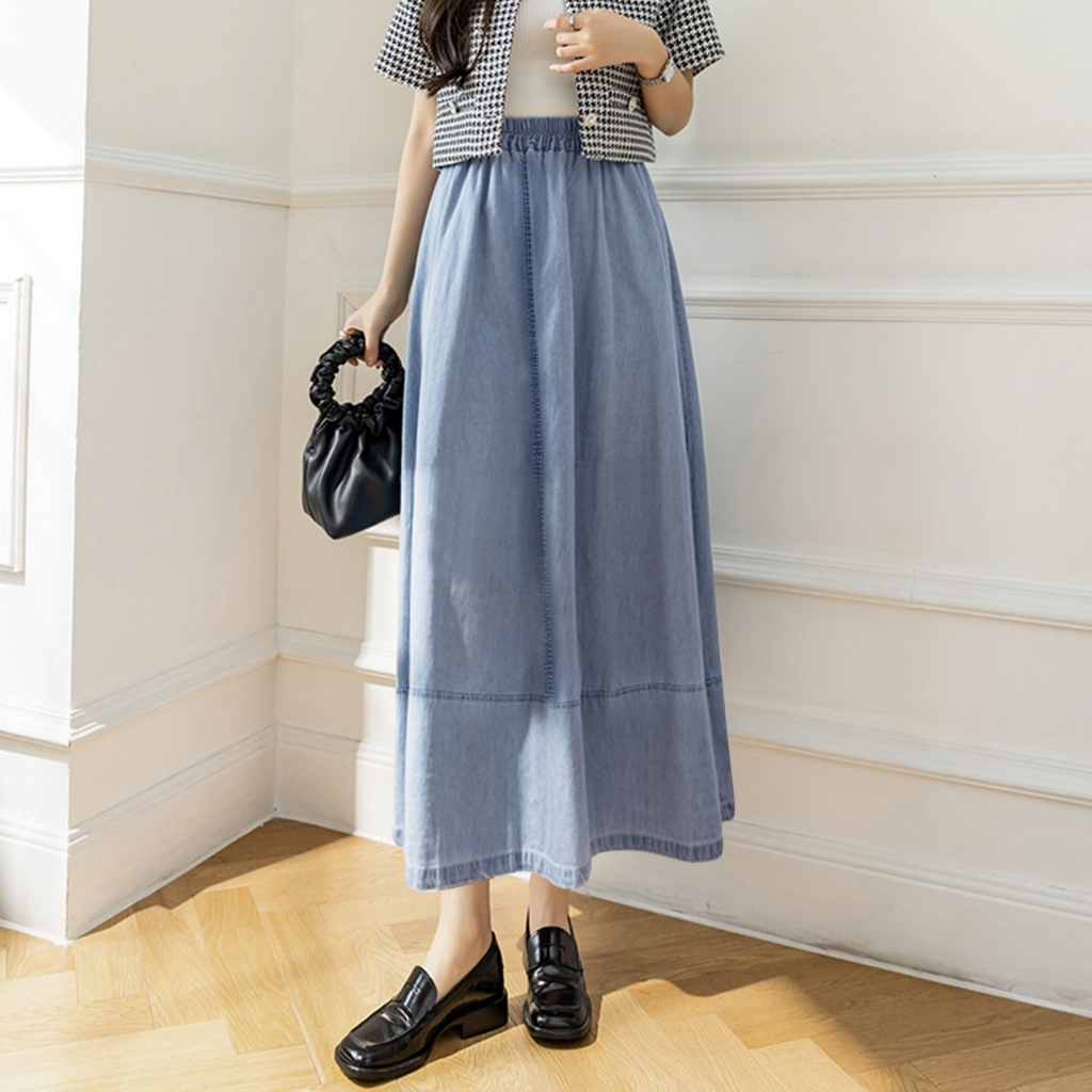 Denim Skirt Rok Wanita Summer Retro Loose Splicing Mid-Length Elastic waist Casual Umbrella Skirts