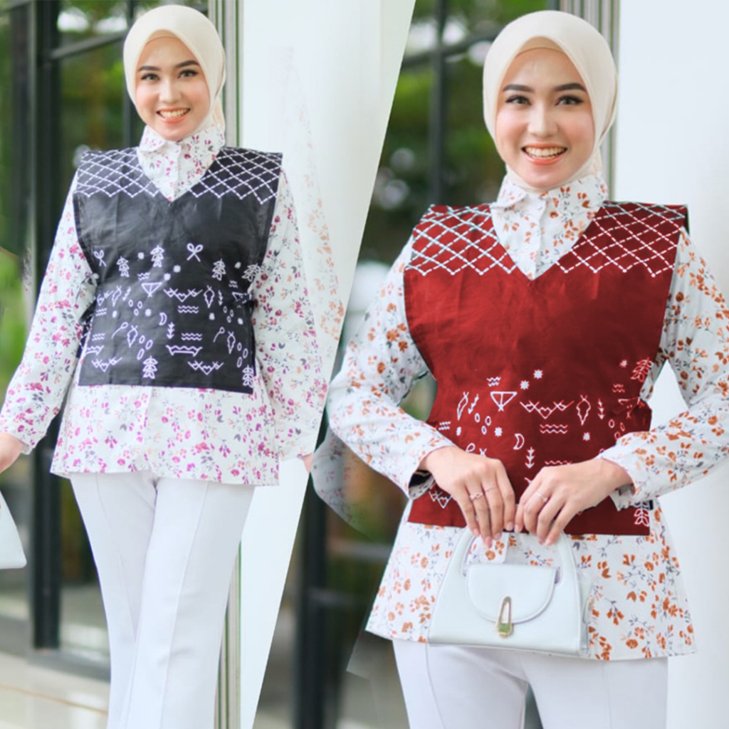 BATIK COUPLE TERMURAH - Setelan Blouse Outer Fenta Vest Batik Rompi Atasan Wanita Baju Kantor