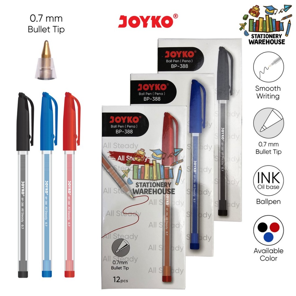 

Ball Pen Pulpen Pena Joyko BP-388 All Steady 0.7 mm 1 LUSIN Black Blue Red