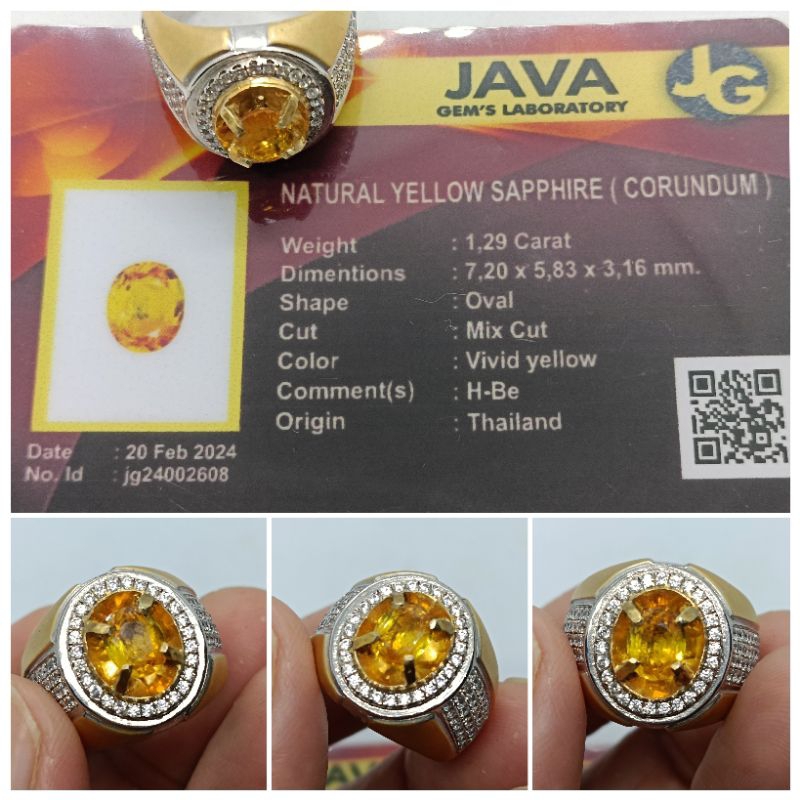 Natural Vivid yellow sapphire Thailand 1,2 ct Top Luster memo GemLab safir Ring Perak Mewah