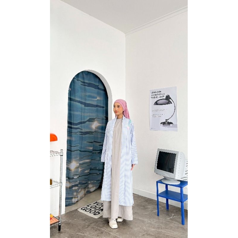 Yumi Long Outer Cotton Premium | Outer Panjang Salur Wanita Motif Bordir Terbaru