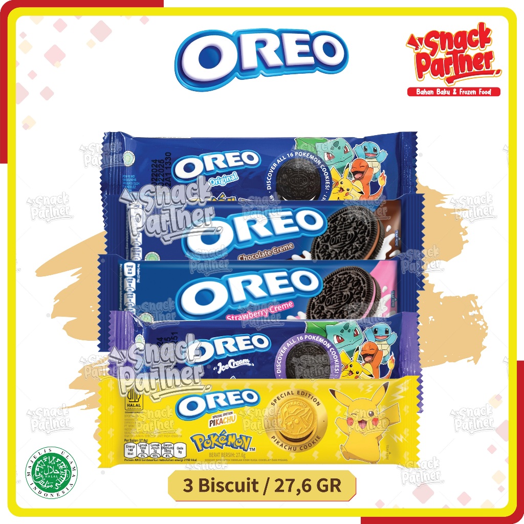 

OREO BISCUIT SANDWICH 27,6 GR (1 Bungkus isi @3 Biskuit) - Original Vanilla Vanila Chocolate Choco Coklat Red Velvet Strawbery Blueberry Pokemon Pikachu Choco Banana