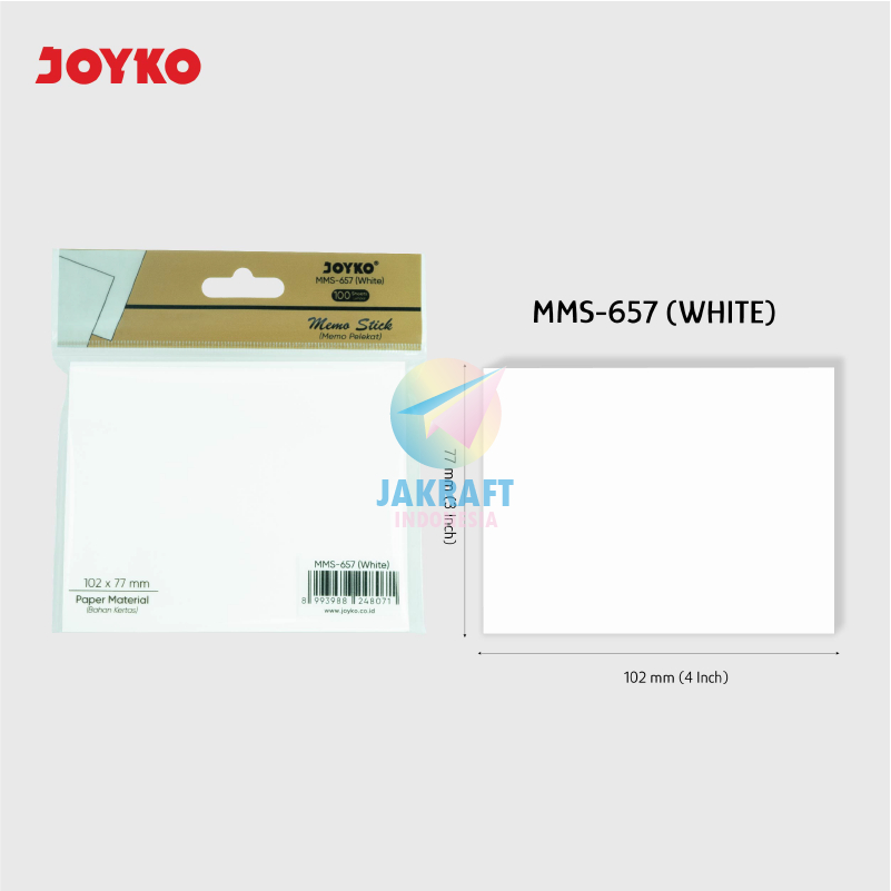 

(100 Lembar) Kertas Memo Stick Tempel Putih Polos JOYKO Besar MMS-657W Putih White isi 100 Plain Sticky Notes (7.7 x 10.2 Cm)