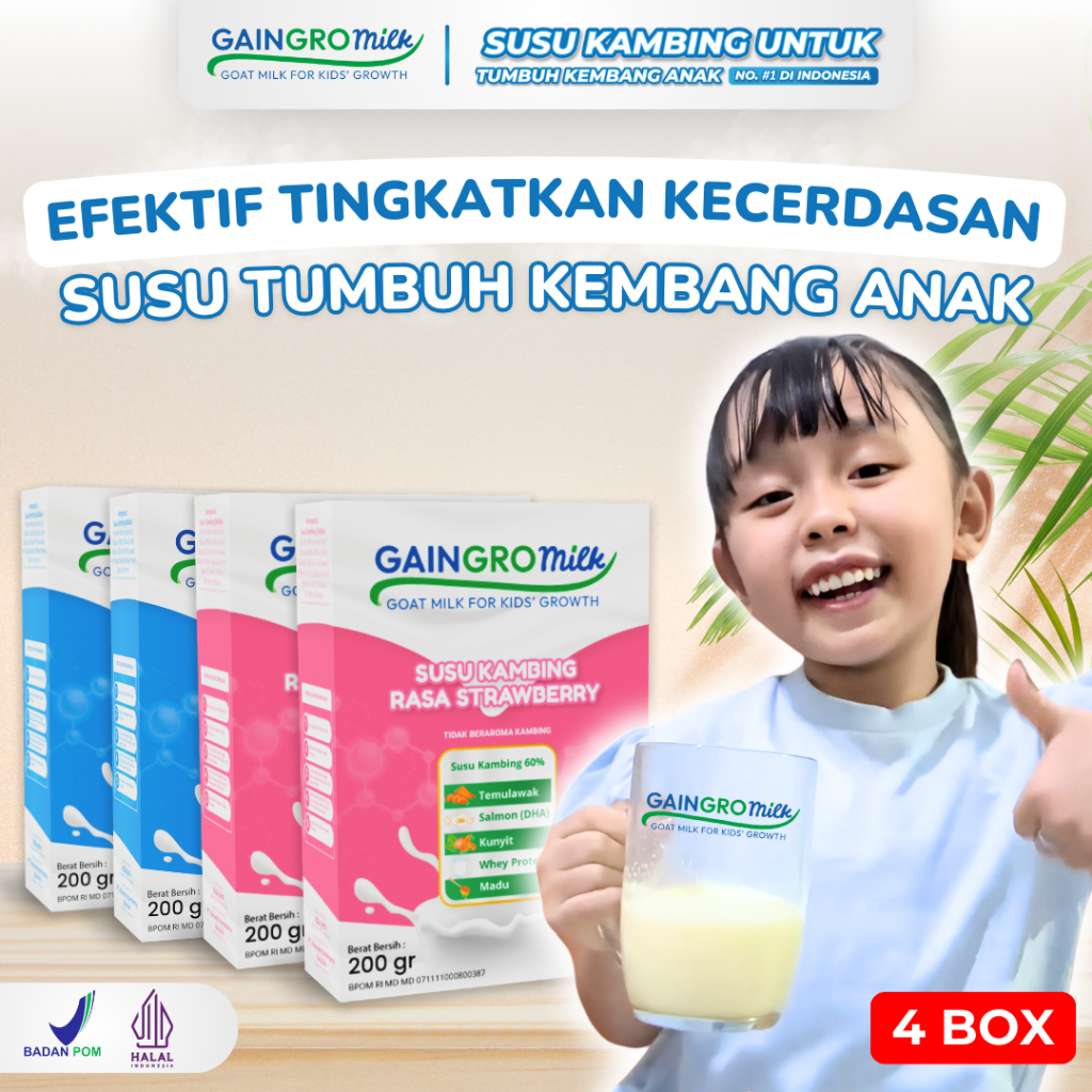 

PAKET 4 BOX GAINGRO MILK (VANILLA 2 & STRAWBERRY 2) Susu Kambing Penambah Tinggi Badan Anak