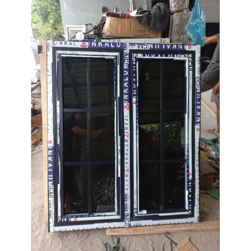 JENDELA L100 : T120  ALUMINIUM 2 DAUN ORNAMEN  FREE PACKING KAYU