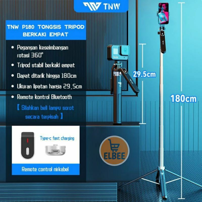 Elbee - Tripod TNW P180 Tongsis Tripod 180cm Bluetooth Selfie Stick Remote Tripod HP Baut 1/4 Tongsi