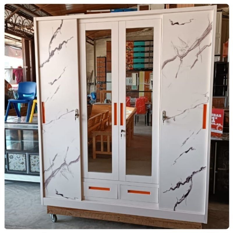 Lemari Pakaian Besi Stainless Anti Rayap Sliding 4 Pintu Cermin
