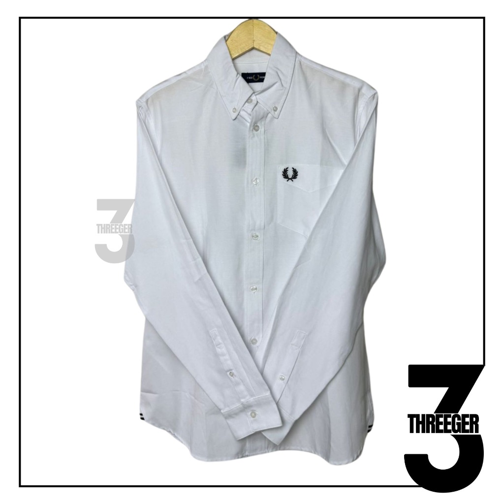 Fred Perry Oxford Black Logo Long Sleeve Shirt White Original / Kemeja Fred Perry Original