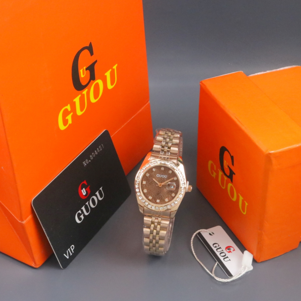 JAM TANGAN WANITA GUOU ORIGINAL RANTAI BODY PERMATA TANGGAL AKTIF BOX EXCLUSIVE