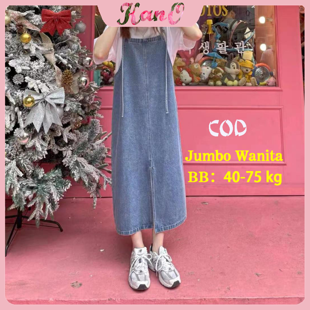 KANO baju kondangan wanita kekinian overall dress jeans jumbo midi dress denim rok belah samping jam