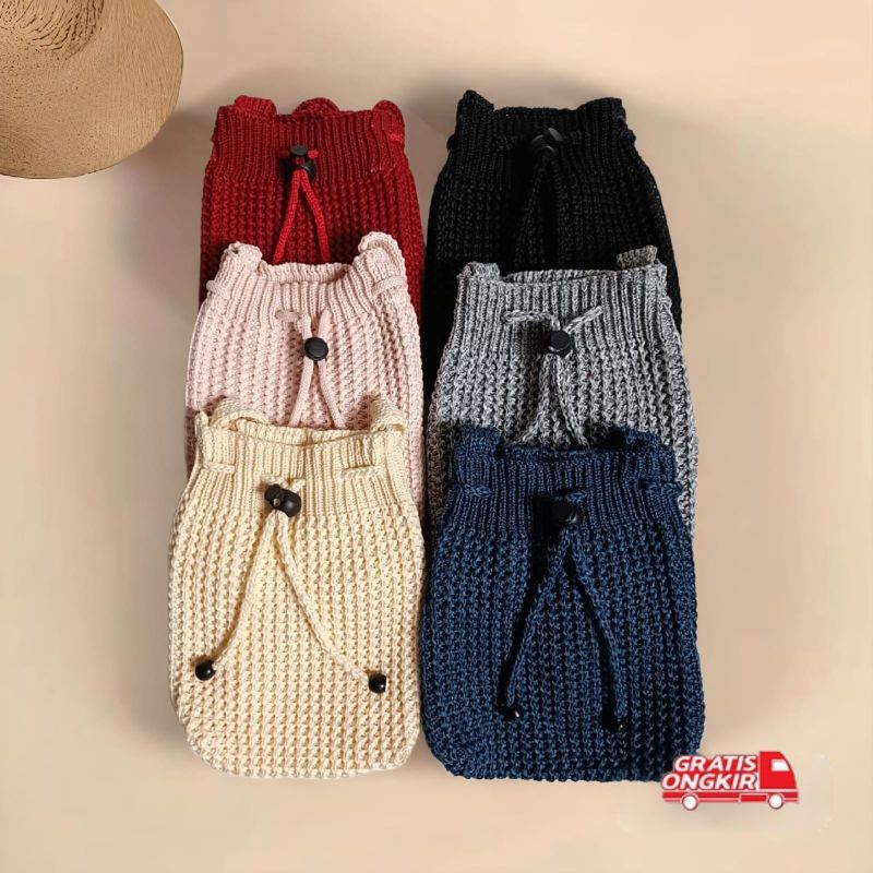 Tas rajut hp selempang/tas hp rajut serut polos premium