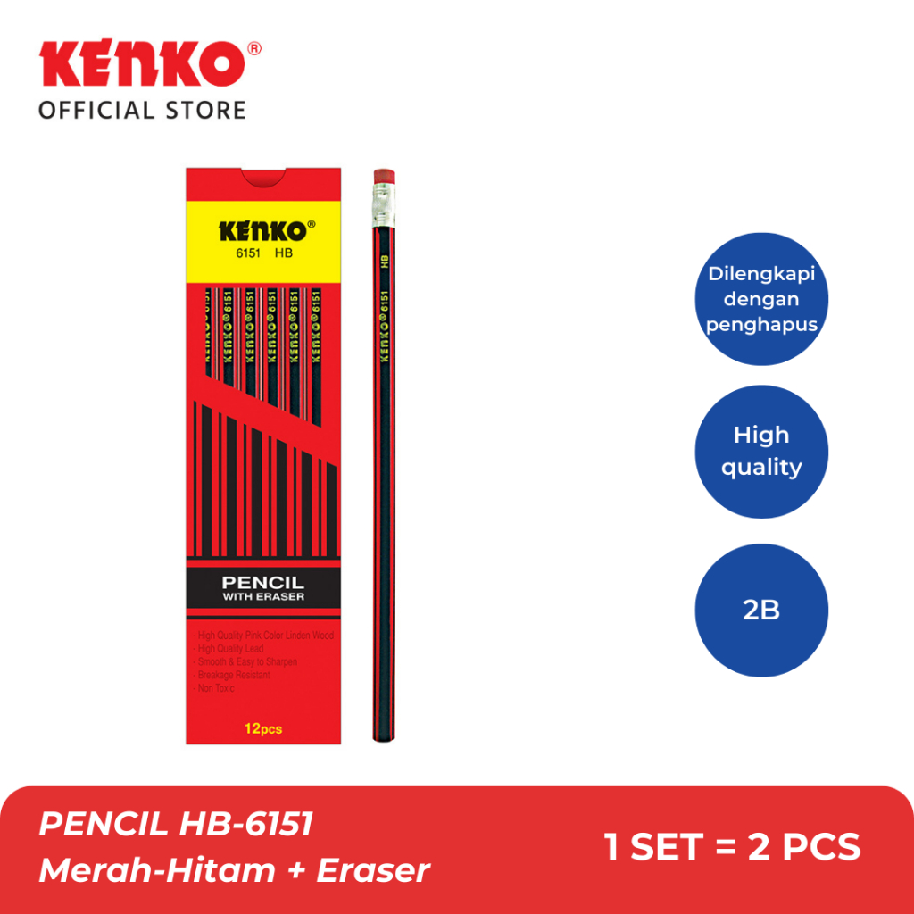 

KENKO PENCIL / PENSIL KAYU HB-6151 MERAH-HITAM + PENGHAPUS 2 PCS