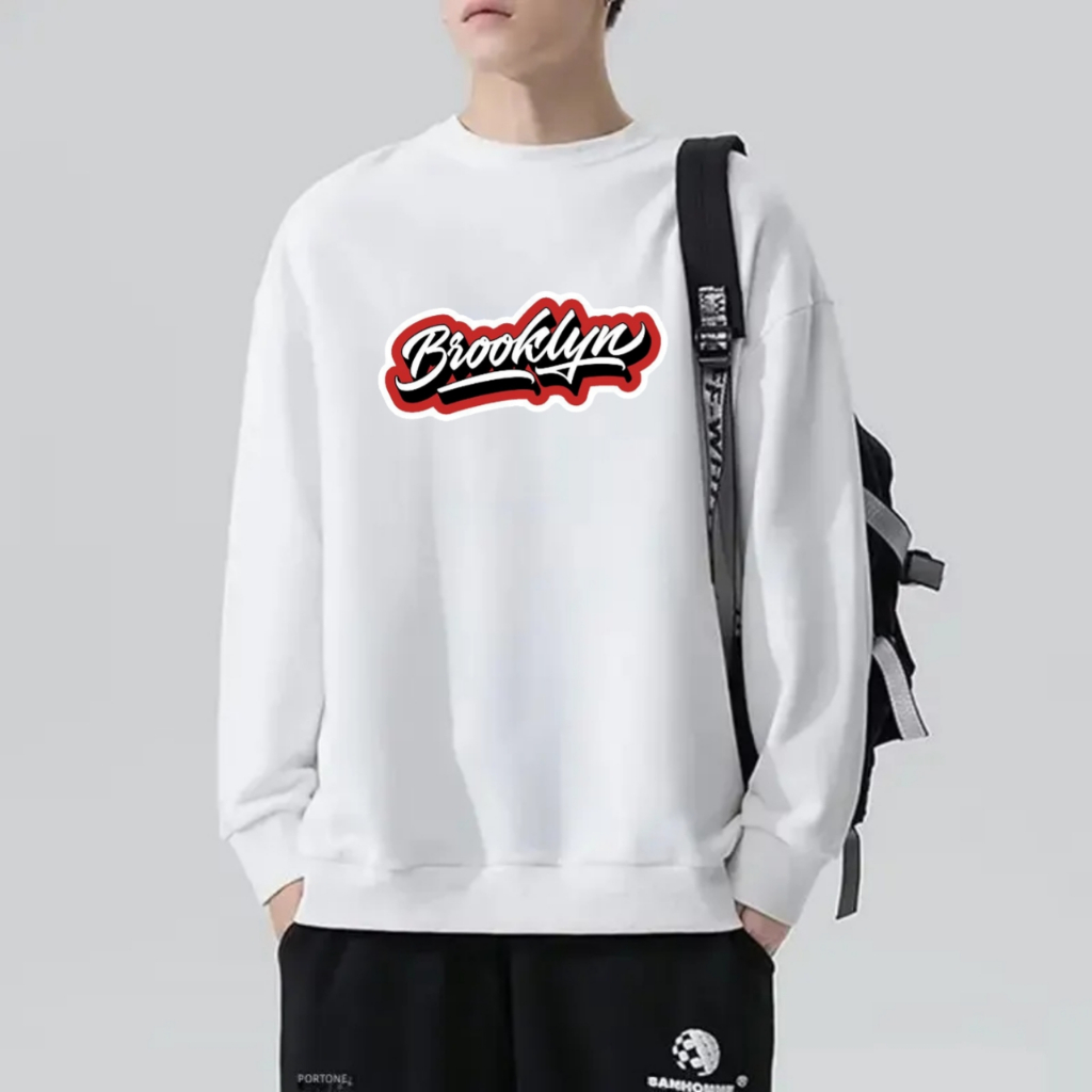 Baju sweater pria sweatshirt lengan panjang bahan fleece brooklyn merah putih