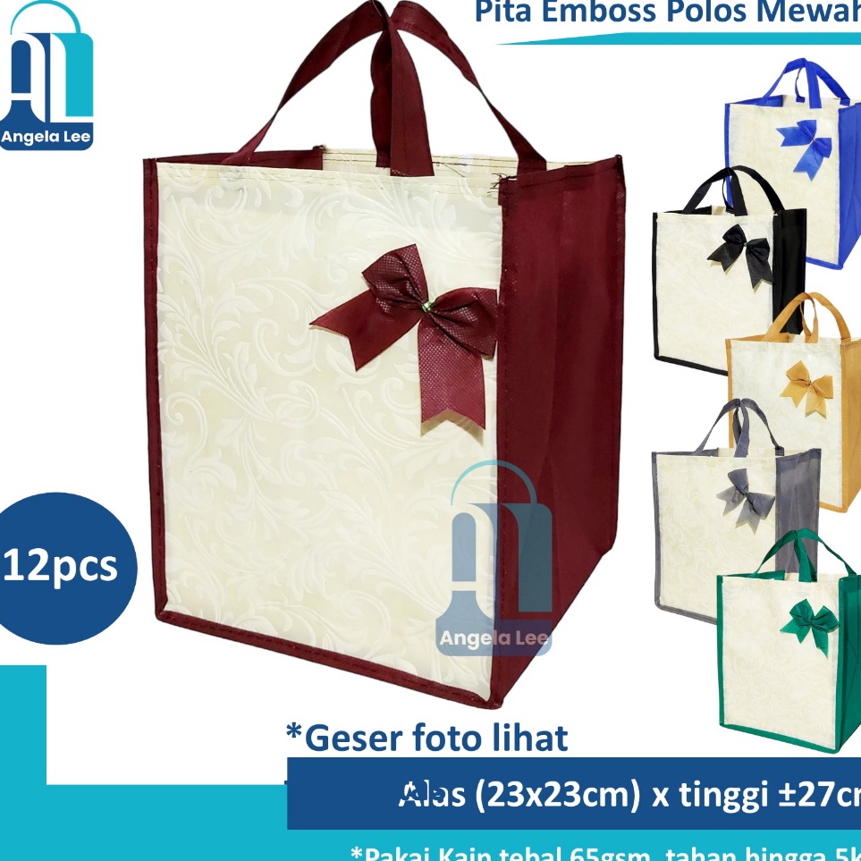 

Terbatas 12pcs Tas Kain Spunbond Pita Emboss Polos muat 2 box nasi kotak Besek 222cm Hajatan Syukuran Pesta