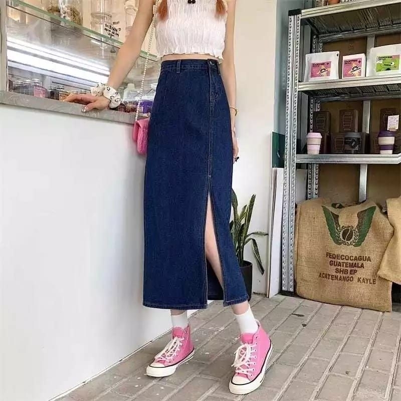 Rok jeans wanita kekinian higwaist belah samping rok....