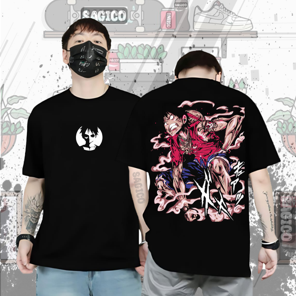 Baju Kaos Tshirt Distro Pria Cowok Lengan Pendek Motif One Piece Luffy Gear Second On Fire Keren Cod