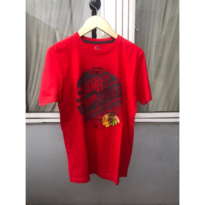 Official Shirt Baju Kaos Vintage Pria NHL Majestic Chicago Blackhawk Stanley Cup 2015 Red Merah SIze
