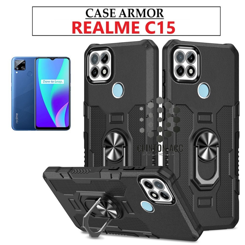 Case Armor REALME C15 Iring Cincin Magnetic Kesing Hp Protect kamera Premium HardCase Standing Robot