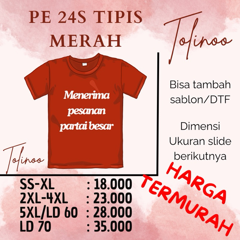 KAOS OLAHRAGA/SANTAI PE24S TIPIS MERAH POLIESTER PE 24S