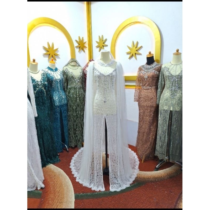 Kebaya akad putih ekor Bahan cantili premium Full Mutiara Cangkang Full Payet Jepang + jarik