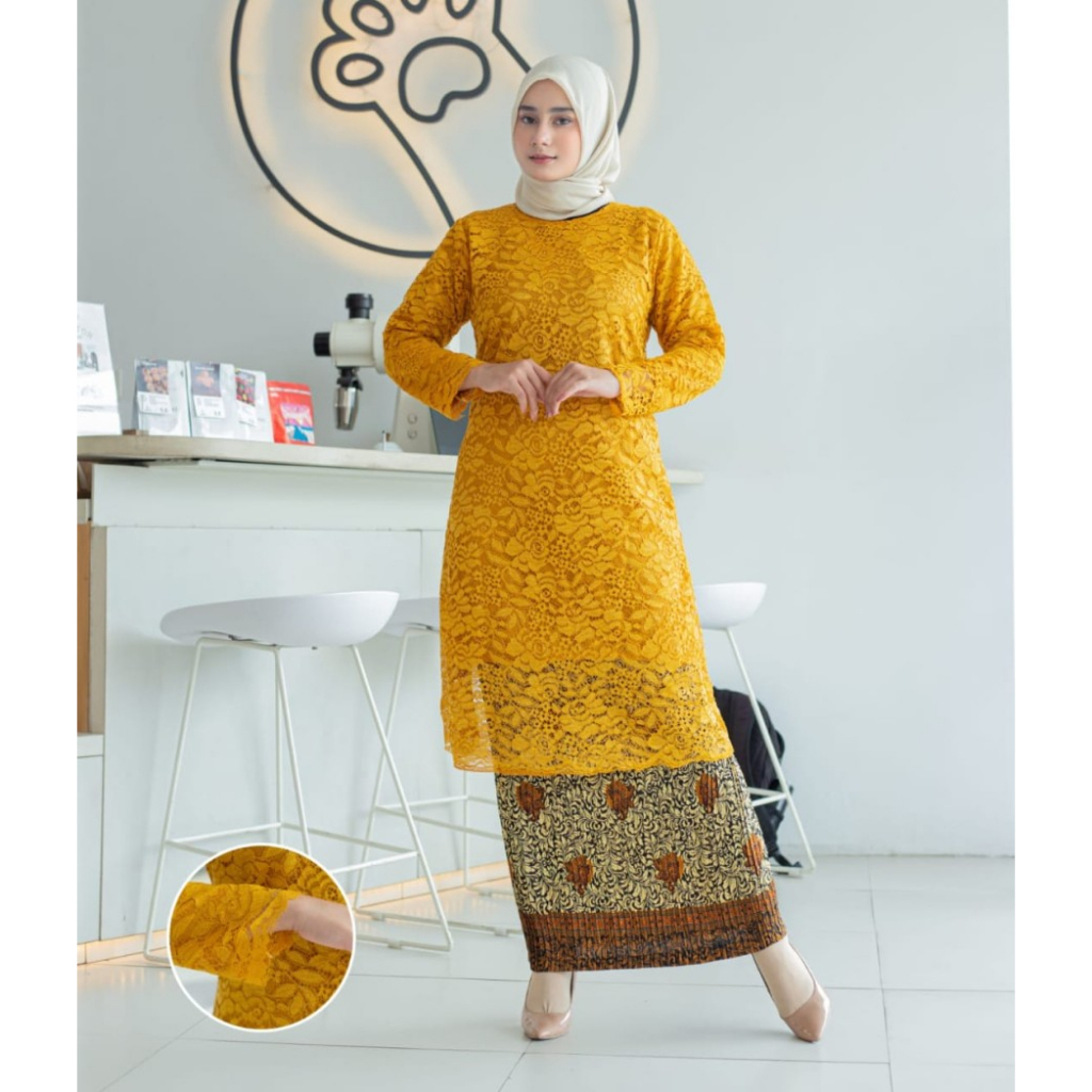 PROMO SET KEBAYA TUNIK BROKAT JUMBO WARNA GOLD /KEBAYA KONDANGAN MODERN KEBAYA ORIGINAL